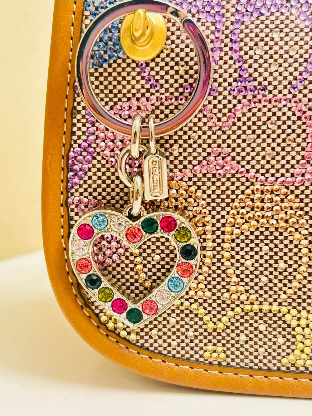 RARE Coach Heart Charm Rainbow Crystals Keychain/ Bag Charm